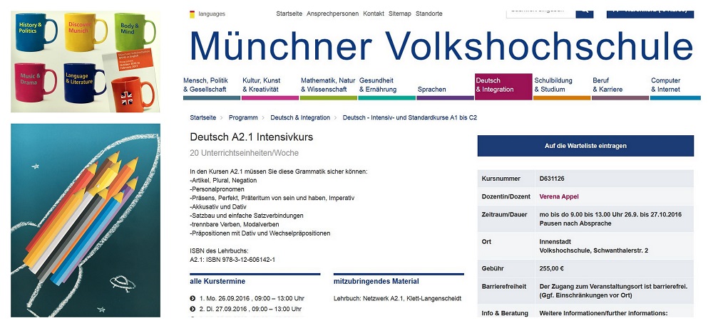 Capture d'écran du site Volkshochschule © Münchner Volkshochschule
